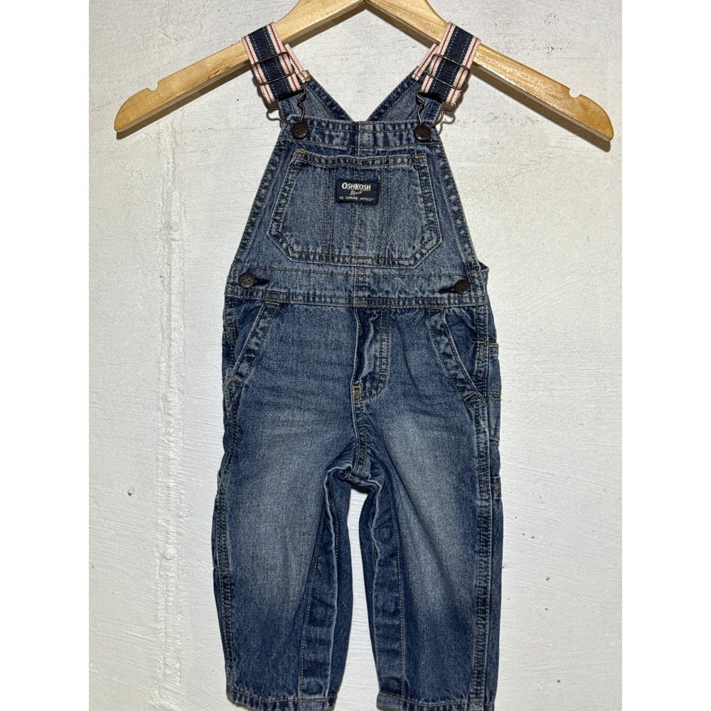 OshKosh B'gosh Kids 12M Blue Denim Bib Overalls Striped Straps Cotton Workwear